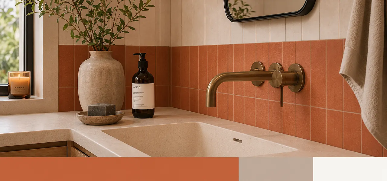 A close-up of a vanity countertop with a beige basin, terracotta vertical brick tiles, and brushed brass wall-mounted mixer tap, paired with a terracotta, taupe, and off-white colour palette swatch.