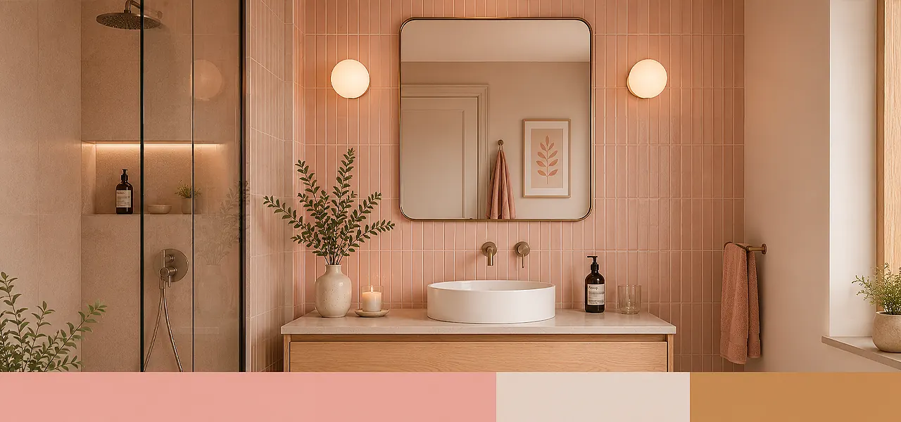 "Soft pink with warm metals" palette featuring a dusty pink bathroom with a light oak wall-mounted vanity unit, white countertop basin, arched mirror, globe wall sconces, and pink tiled walls, paired with a dusty pink, cream, and warm bronze colour swatch.