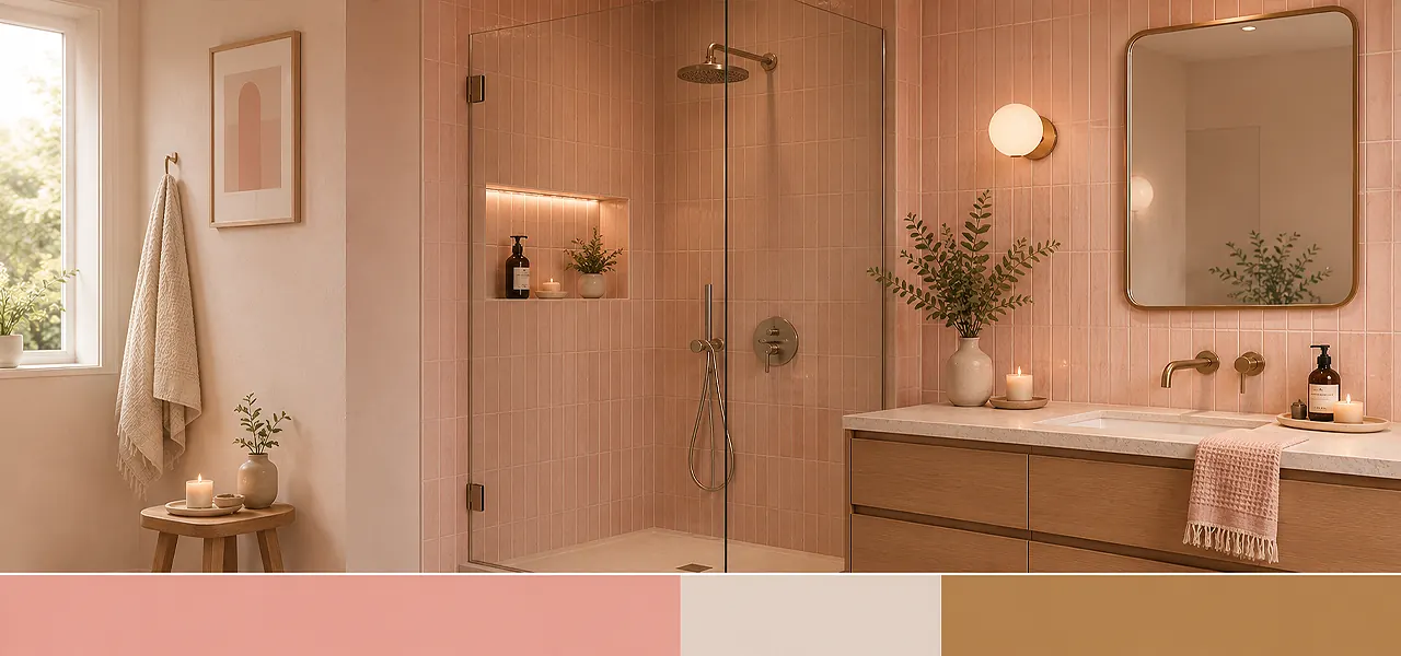 "Soft pink with warm metals" palette close-up of a walk-in shower with pink fluted tiles, recessed niche, brushed brass shower fittings, and a candle-lit corner, paired with a dusty pink, cream, and warm bronze colour swatch.