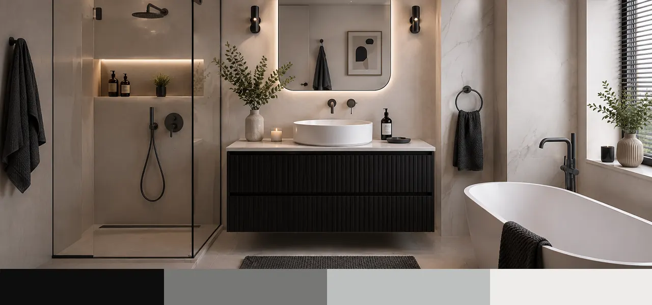 A modern bathroom with a black fluted wall-mounted vanity unit, countertop basin, backlit mirror, matt black shower fittings, and white freestanding bath, paired with a black, charcoal, light grey, and white colour palette swatch.