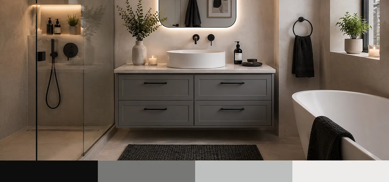 A contemporary bathroom featuring a grey wood-effect wall-mounted vanity unit with four drawers and a white countertop basin, paired with a charcoal, mid-grey, light grey, and off-white colour palette swatch.