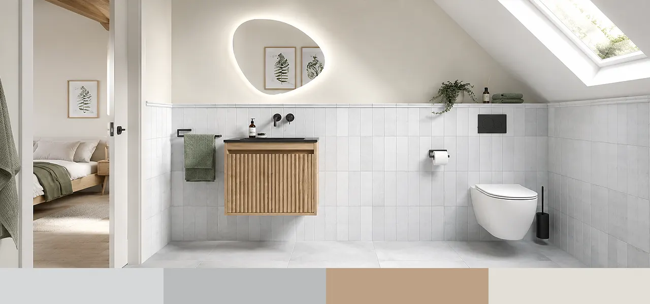 "Light grey scandi simplicity" palette featuring a wall-mounted oak fluted vanity unit, oval backlit mirror, wall-hung toilet, and pale grey tiled walls in a minimal sloped-ceiling bathroom, paired with a light grey, mid-grey, sand, and cream colour swatch.