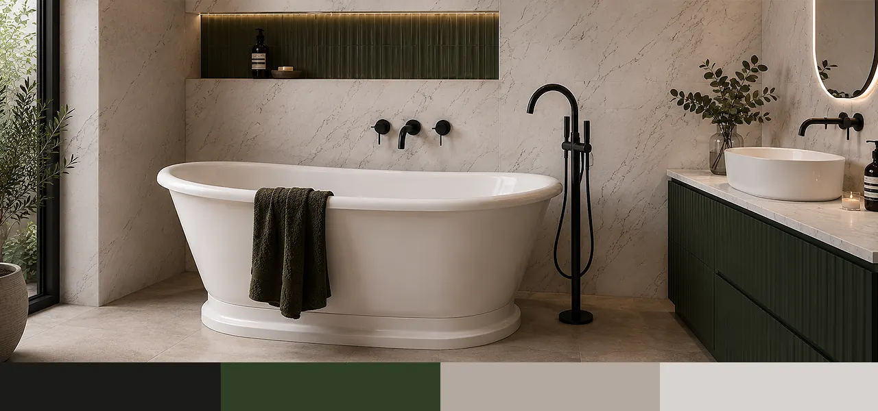 "Dark green with matt black details" palette featuring a white freestanding roll-top bath with matt black floor-standing bath tap, deep green fluted vanity, and white marble walls, paired with a dark green, taupe, and cream colour swatch.