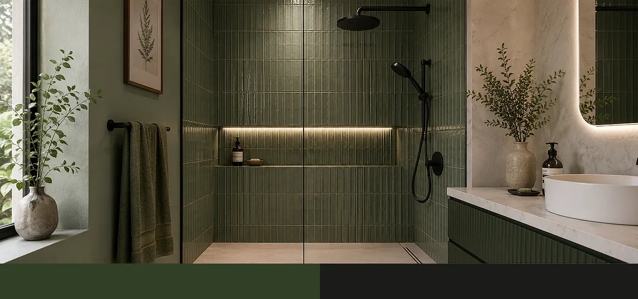 "Dark green with matt black details" palette featuring a walk-in shower with deep green fluted tiles, matt black rainfall showerhead and fittings, and a softly lit recessed niche.