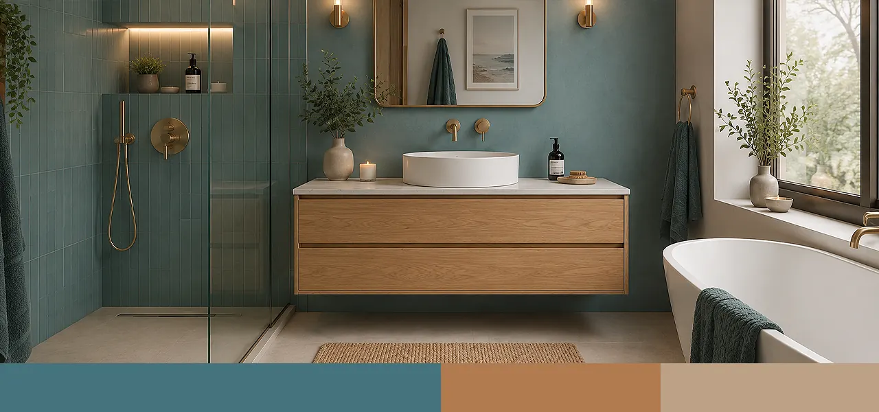 "Teal and natural wood" palette featuring a teal-blue bathroom with a natural oak wall-mounted vanity unit, white countertop basin, walk-in shower with brushed brass fittings, and freestanding bath, paired with a teal, navy, tan, and cream colour swatch.