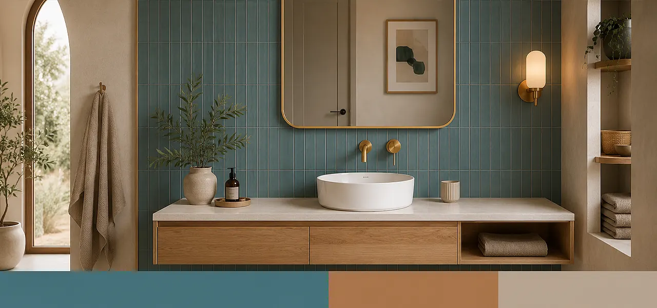 "Teal and natural wood" palette featuring a light oak wall-mounted vanity unit with white countertop basin, brushed brass wall-mounted mixer tap, and teal vertical brick tiles, paired with a teal and tan colour swatch.