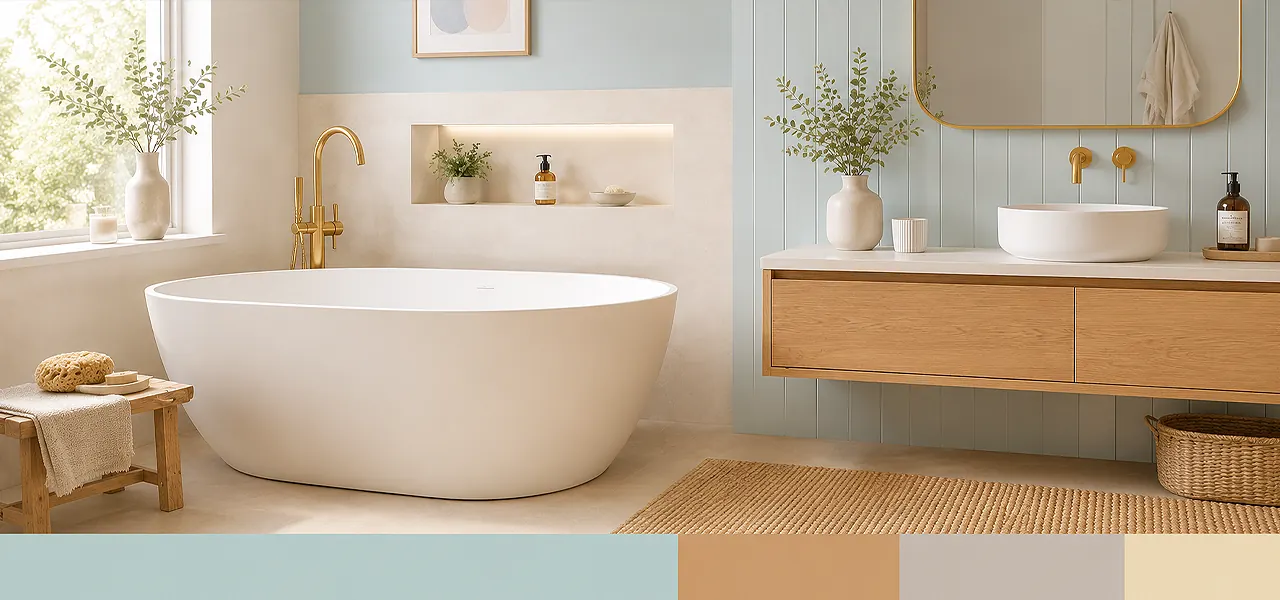"Soft pastels for a light and airy feel" palette featuring a white freestanding bath, brushed brass floor-standing bath tap, light oak vanity, and pale blue painted walls with recessed niche, paired with a powder blue, peach, and cream colour swatch.