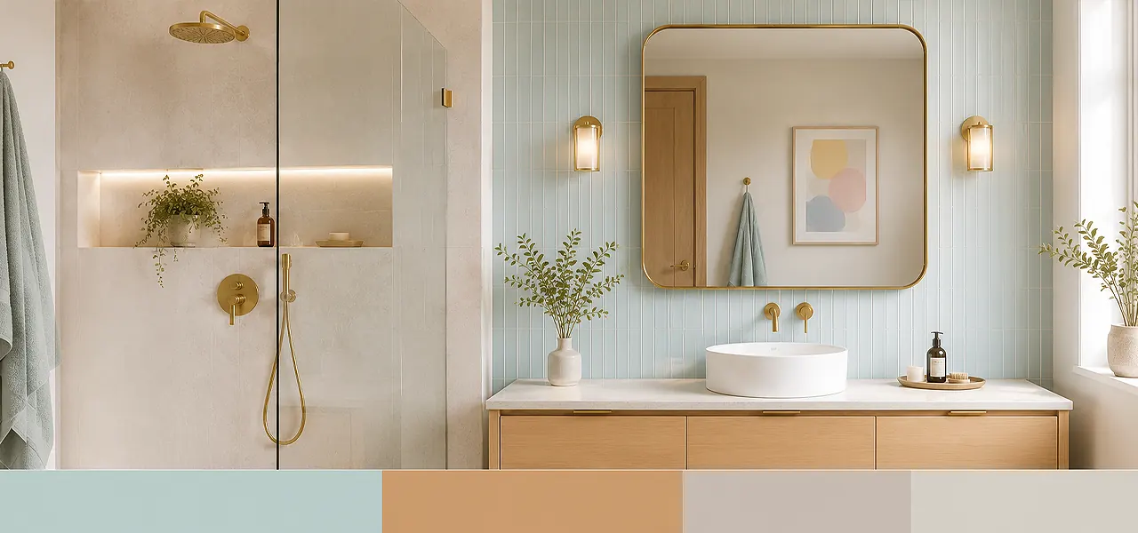 "Soft pastels for a light and airy feel" palette featuring a pastel bathroom with a light wood vanity unit, peach-toned walls, mint green vertical tiles, gold-framed arched mirror, brushed brass taps, and recessed shower niche, paired with a peach, mint, and gold colour swatch.