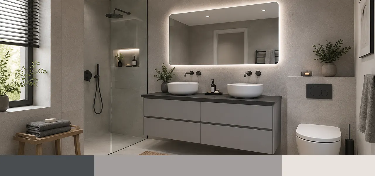 palette featuring a light grey wall-mounted double-basin vanity unit with two white countertop basins, oversized backlit mirror, walk-in shower, and wall-hung toilet in a minimal grey-toned bathroom.