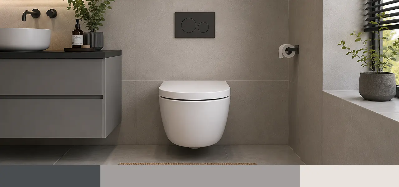 "Monochrome white, black, and grey" palette close-up of a white wall-hung toilet with matt black flush plate against a soft grey tiled wall, paired with a black, grey, and off-white colour swatch.