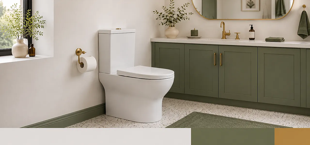 "White bathroom with colour pops" palette close-up of a white close-coupled toilet against a sage green panelled wall with sage green floorstanding vanity unit and brushed brass accents, paired with a sage green and gold colour swatch.