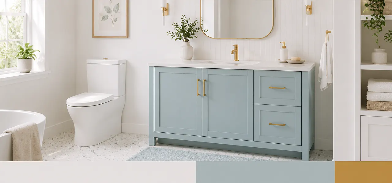 "White bathroom with colour pops" palette featuring a duck-egg blue floorstanding vanity unit with brushed brass handles, white countertop, and white close-coupled toilet against patterned tiled flooring, paired with a powder blue, white, and gold colour swatch.