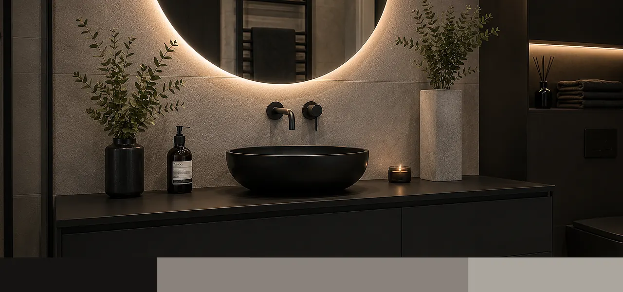 "Statement black bathroom" palette close-up showing a matt black countertop basin and wall-mounted matt black mixer tap against a backlit round mirror and grey wall, paired with a charcoal, mid-grey, and light grey colour swatch.