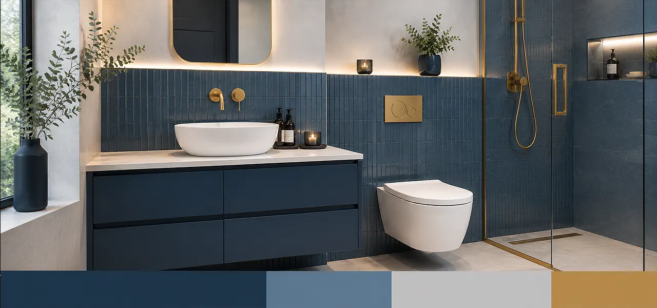 "Navy blue with chrome accents" palette featuring a navy blue fluted wall-mounted vanity unit with white countertop basin, wall-hung toilet, and brushed brass wall-mounted taps, paired with a navy, mid-blue, and sand colour swatch.