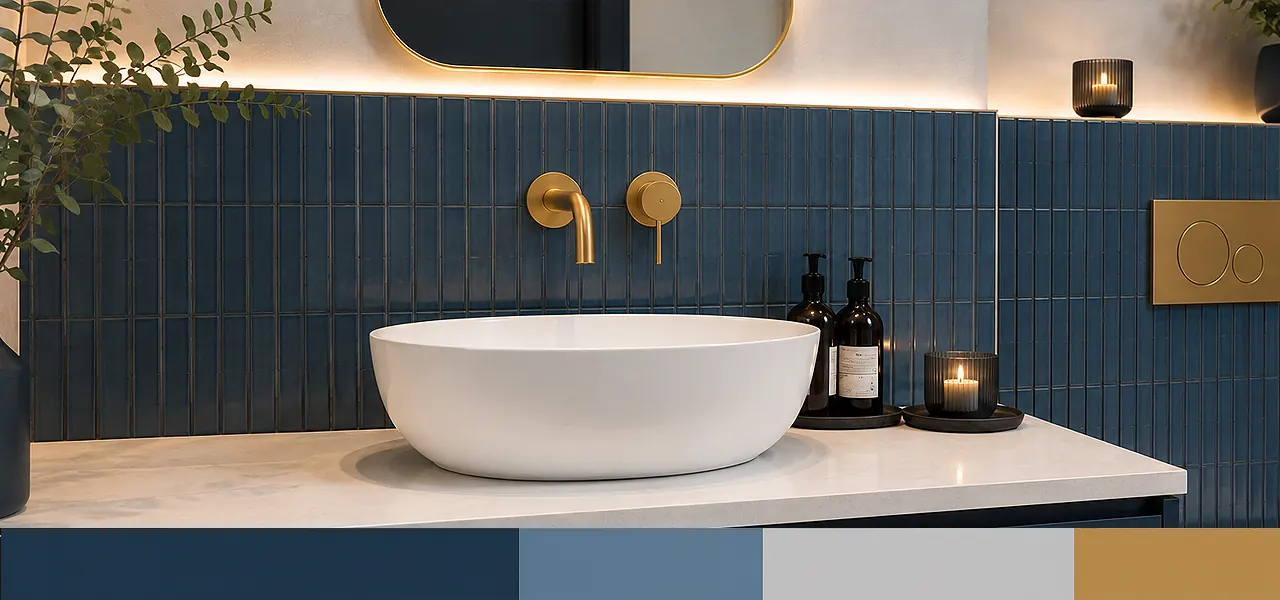 "Navy blue with chrome accents" palette close-up of a navy blue fluted tile wall with brushed brass wall-mounted mixer tap and white countertop basin, paired with a navy, mid-blue, and beige colour swatch.