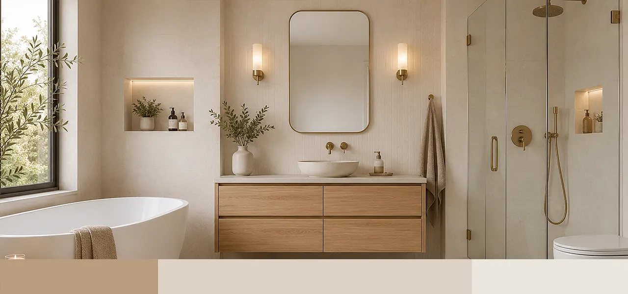 A warm Scandi-style bathroom with a light oak wall-mounted vanity unit, arched mirror, freestanding bath, walk-in shower, wall sconces, and jute rug in pale neutral tones.