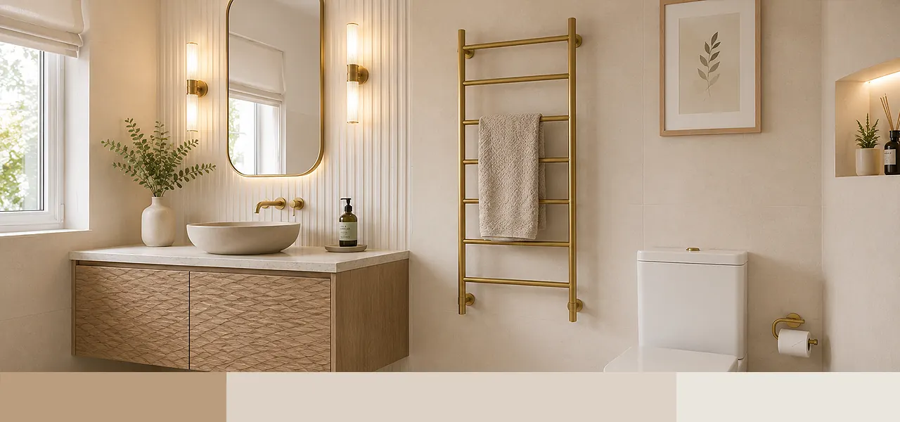 A warm cream bathroom featuring a textured cream vanity unit with countertop basin, brushed brass heated towel rail, oval arched mirror, and wall sconce lighting, paired with a cream, blush, and beige colour palette swatch.