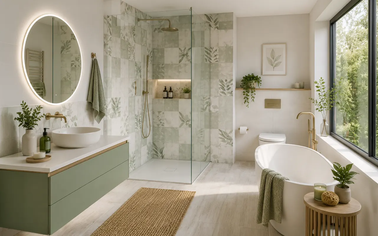 Bright bathroom with a sage-green vanity, botanical-print tiles, round LED mirror, walk-in shower and freestanding tub showcasing 2026 design trends