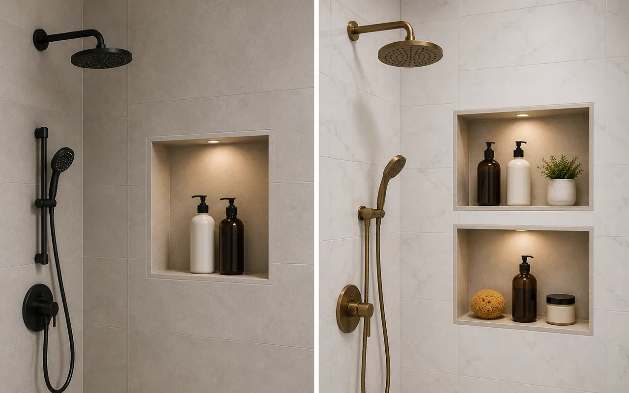 Side-by-side comparison of two shower designs: on the left, a matt black showerhead and rail set with a single square recessed niche in beige tile holding two pump bottles; on the right, a brushed brass showerhead and handset with two stacked recessed niches in marble tile holding bottles, a small plant, a natural sponge, and a candle.