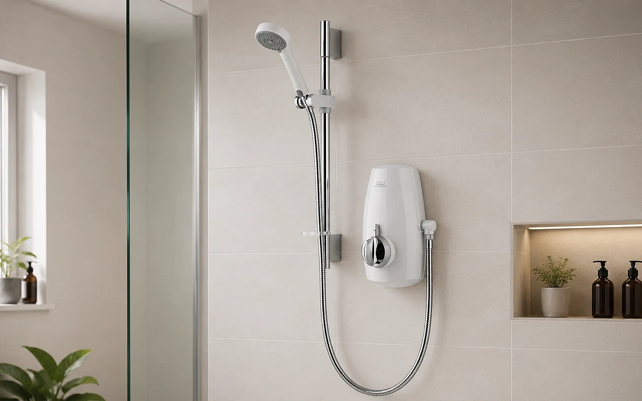 Aqualisa Aquastream Thermo electric shower unit with sliding rail and handheld showerhead against a white background.