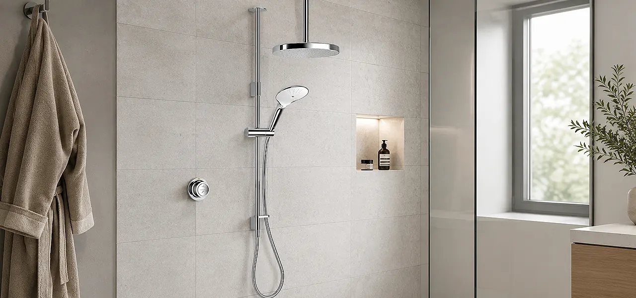 Chrome ceiling-mounted round rain head above an Aqualisa thermostatic shower valve with push-button and temperature controls.