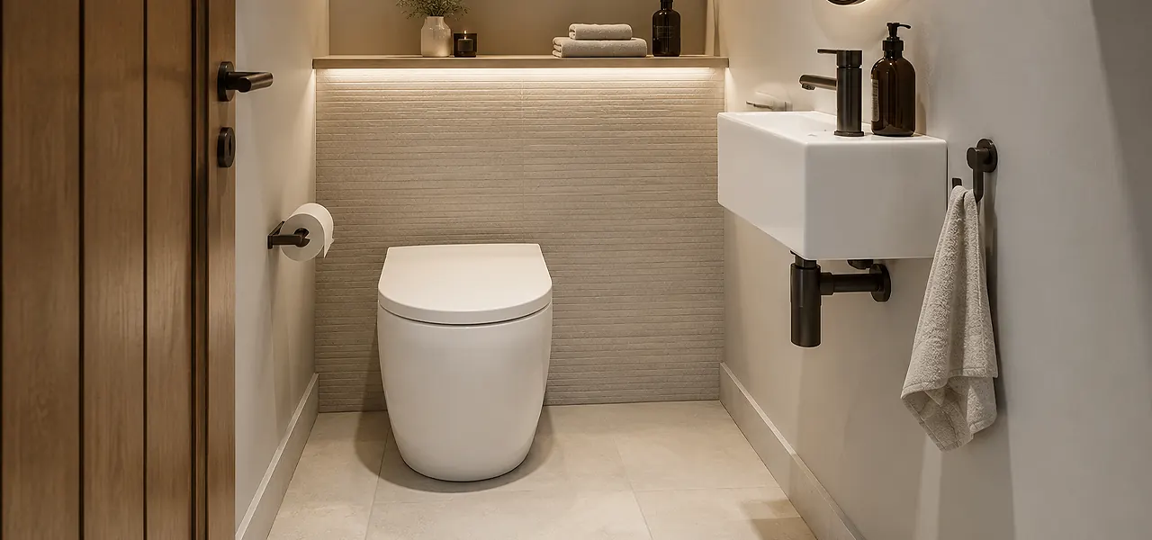 A modern back-to-wall toilet in white ceramic with a soft-close seat, installed flush against a wood-panelled wall to save floor space in a compact cloakroom.