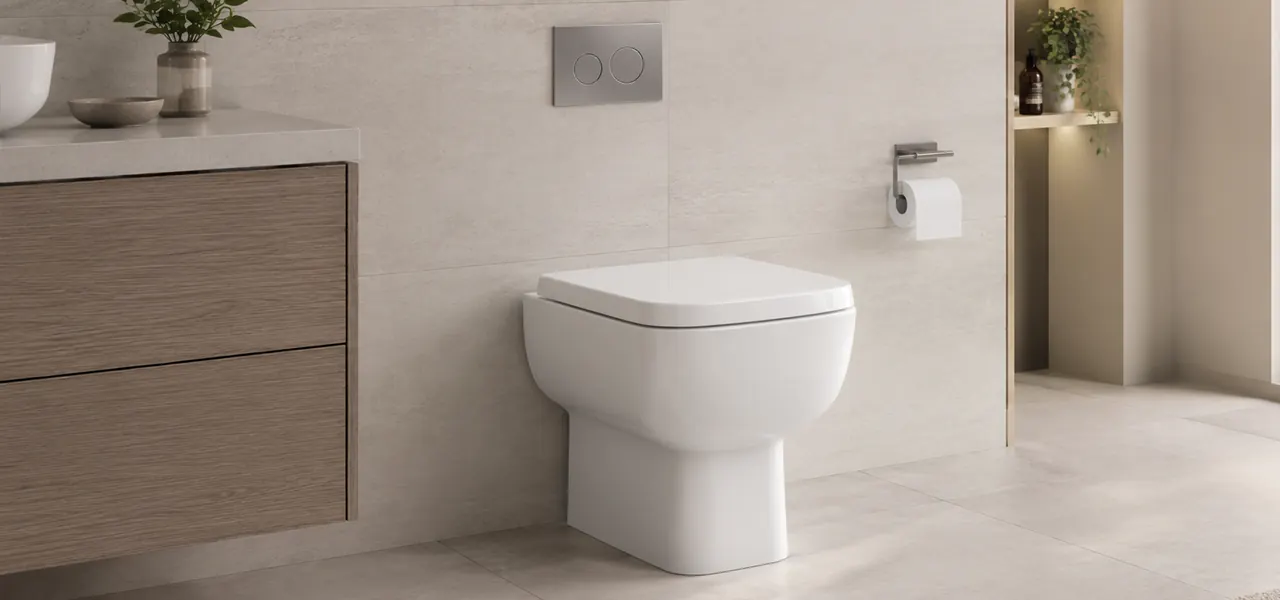 A modern bathroom featuring a wall-hung oak vanity unit with countertop basin, back-to-wall toilet, frameless glass shower enclosure with matt black rainfall showerhead, and matt black towel radiator against patterned blue and beige floor tiles.
