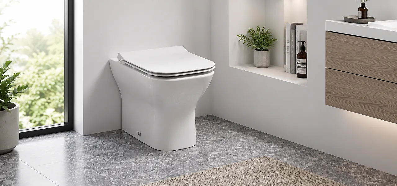 White back-to-wall toilet pan with a square design and slim soft-close seat, in a corner above a terrazzo floor.
