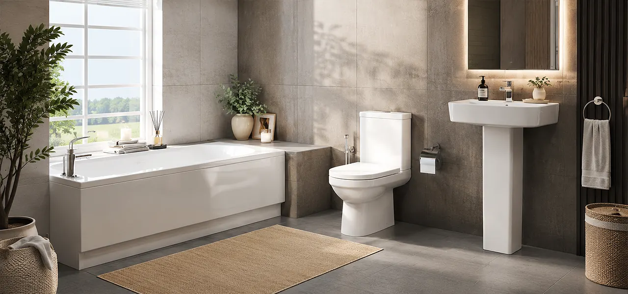 A modern bath suite featuring a straight built-in bath, close-coupled toilet, and pedestal basin in white ceramic, set in a contemporary bathroom with dark grey slate-effect tiled walls and floor.