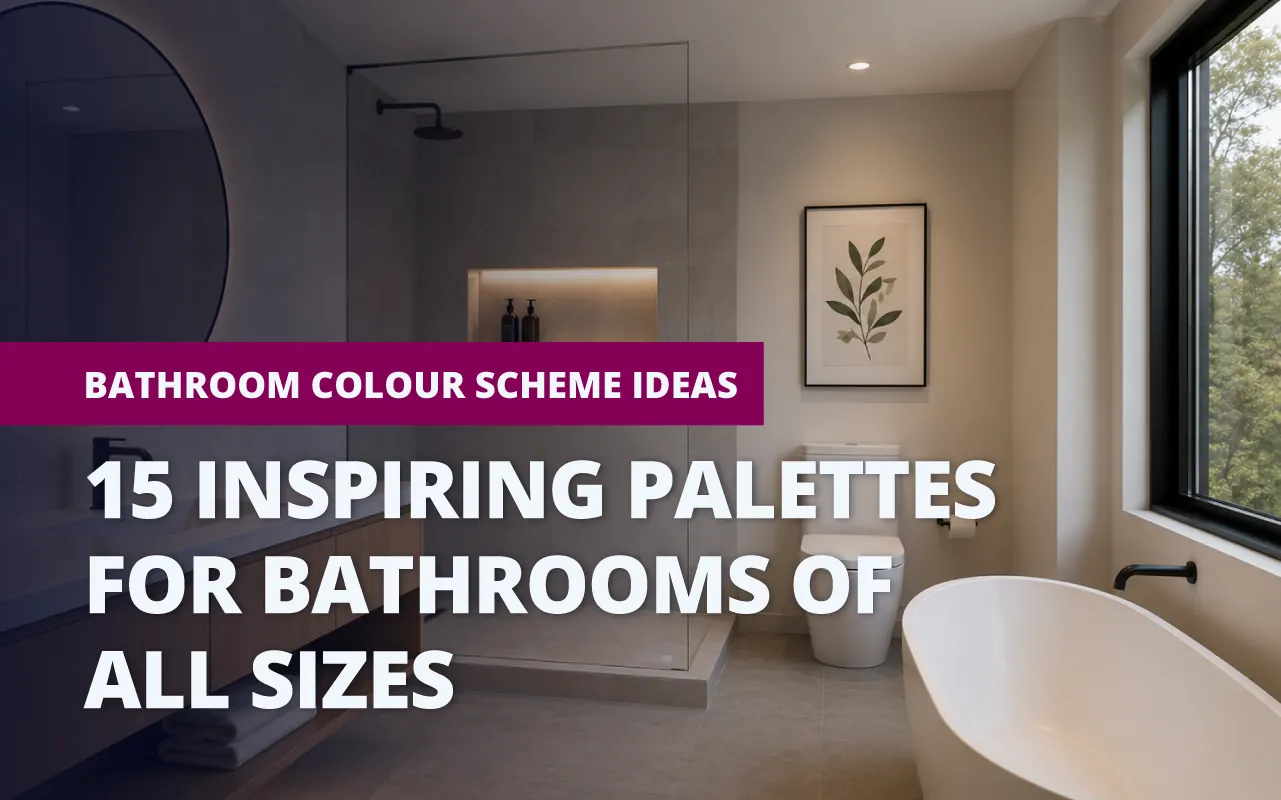 Featured banner image for "Bathroom Colour Scheme Ideas: 15 Inspiring Palettes for Bathrooms of All Sizes," showing a modern bathroom with a freestanding bath, walk-in shower, dark wood vanity, and round mirror.