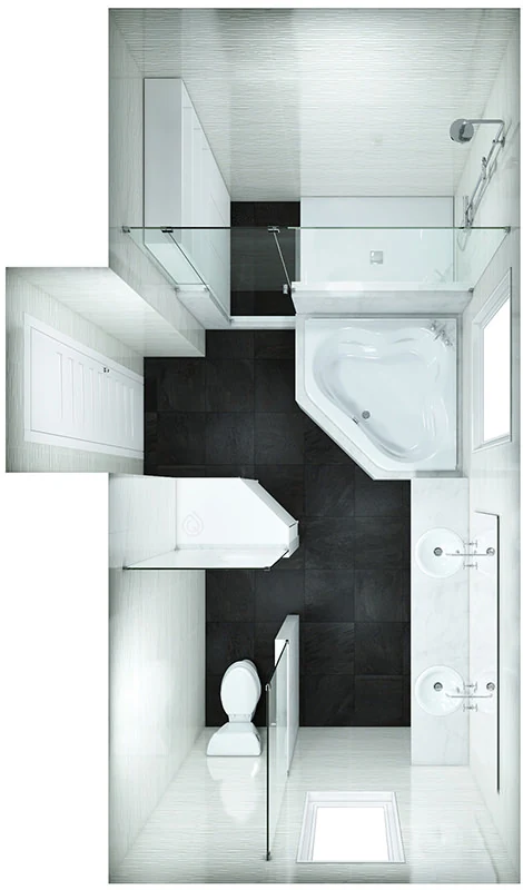 Large Bathroom Layout with Walk in Shower Enclosure, Bath Tub, Double sinks and more.