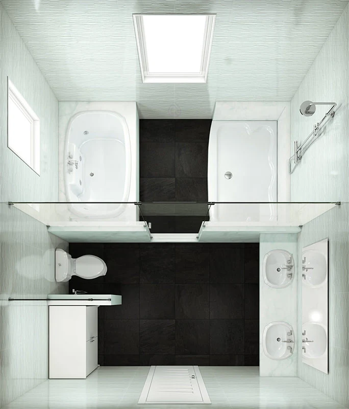 Rectangular Bathroom Layout with Bath and Walk in Shower Enclosure