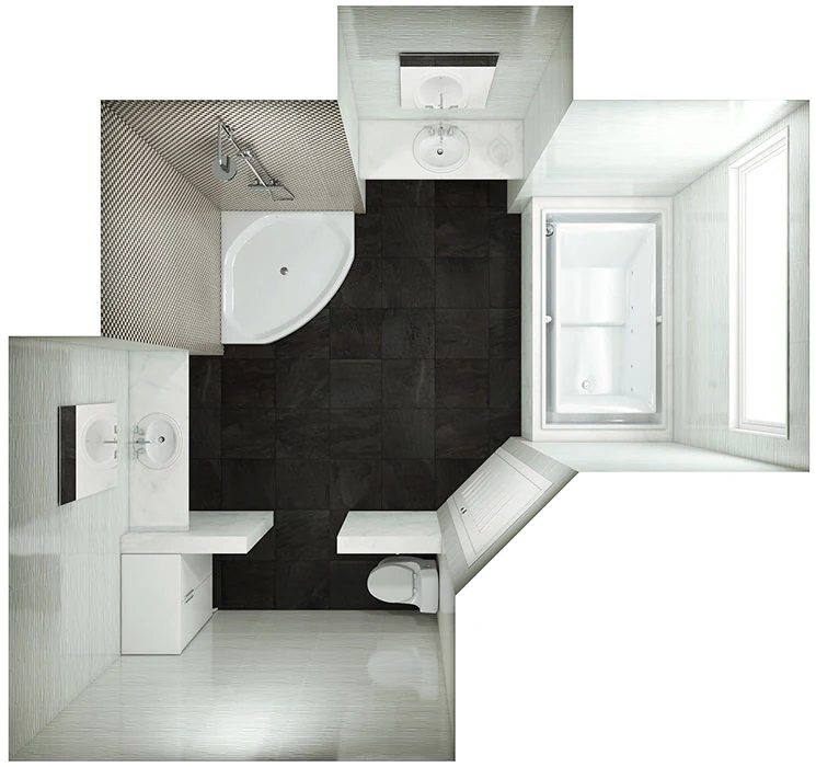 Bathroom Layout with Large Bath tub, Walk in Shower enclosure, sink and more.
