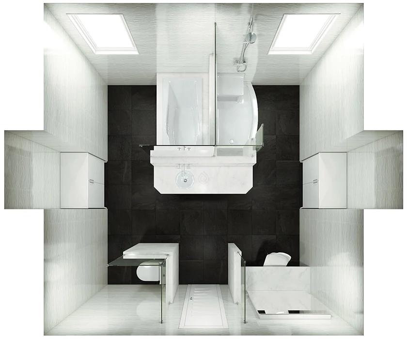 Large Bathroom Layout with Storage Unit and Two Bath tubs