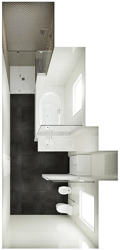 Large Bathroom Layout with Shower Enclosure, Bath Tub, Toilet and Bidet.