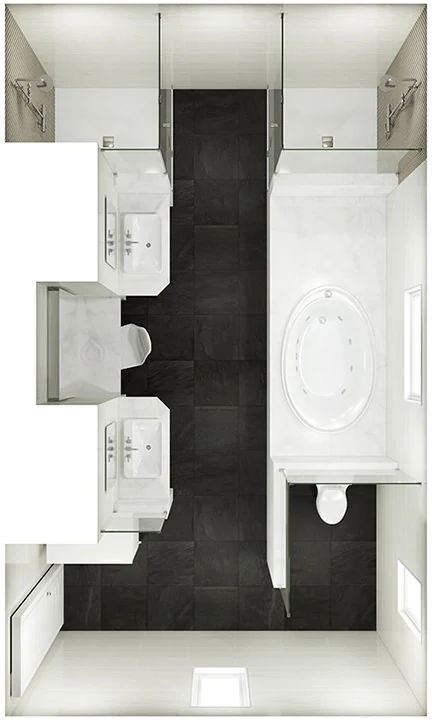 Large Rectanglular Bathroom Layout with Two Walk in Shower Enclosures, bath tubs, bathroom sink and toilet