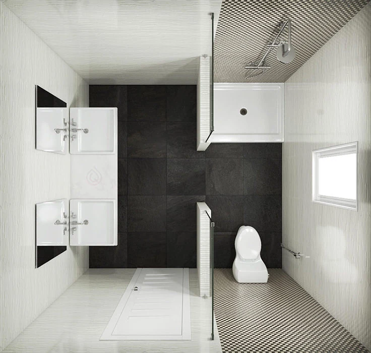Small Bathroom Layout with Two Sinks, Toilet and Shower Enclosure