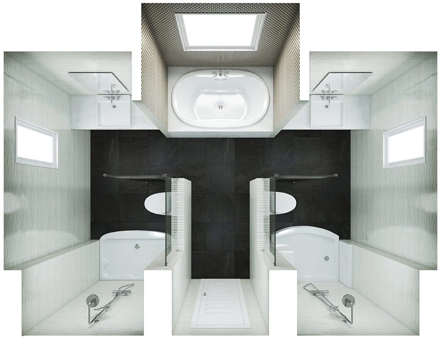 Large Bathroom Floor Plan with Two Shower Enclosures, Bath, Two Sinks and Two Toilets