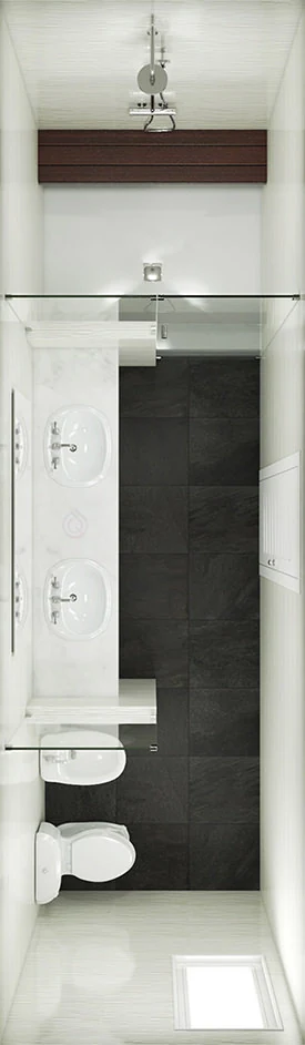 Large bathroom layout with 2 Bathroom Sinks and Walk in Shower Enclosure.