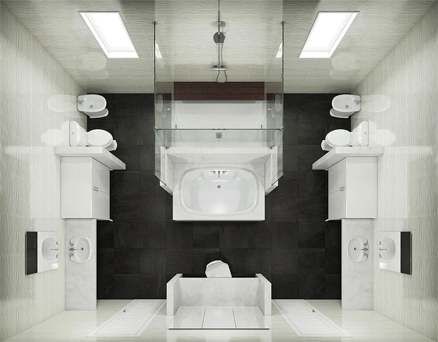 Square Bathroom Layout with Shower Enclosure, Bath, Storage Unit and more.