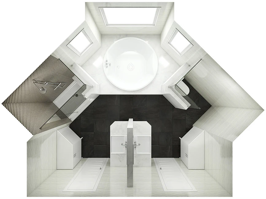Large Bathroom Layout with Round Bath, Shower Enclosure, Storage Units and more.