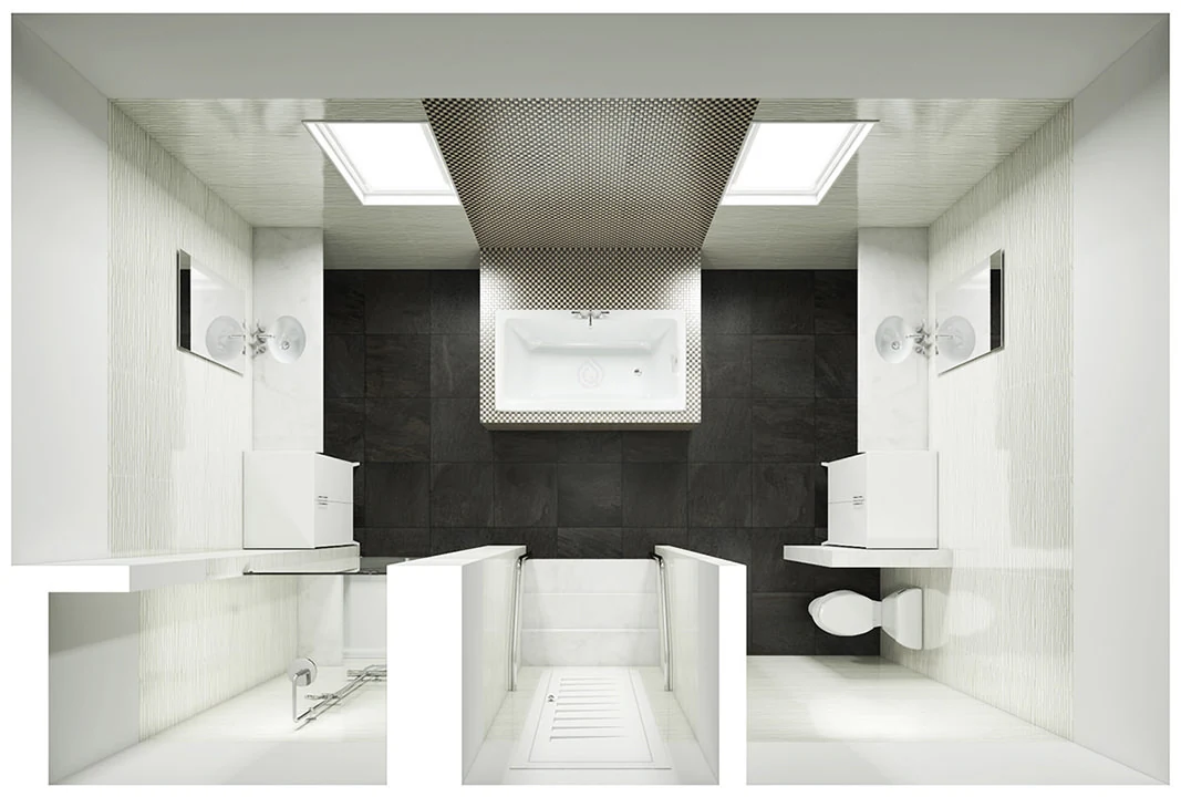 Large Bathroom Layout with Two Basin, Storage Unit, Toilet and Shower Enclosure