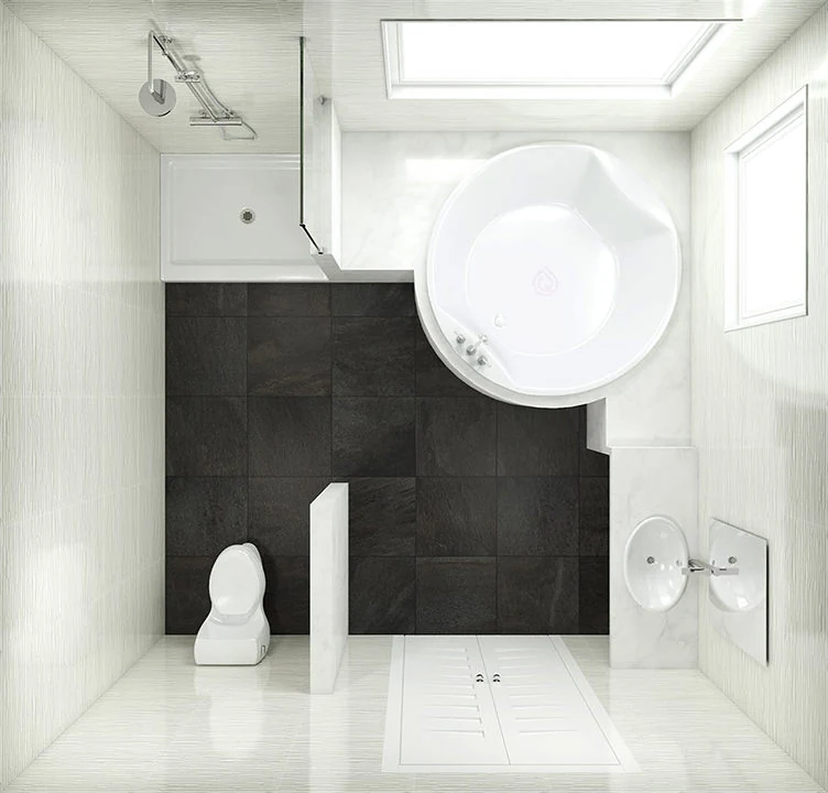 Square Bathroom Layout with Round Bath and Shower cubicle