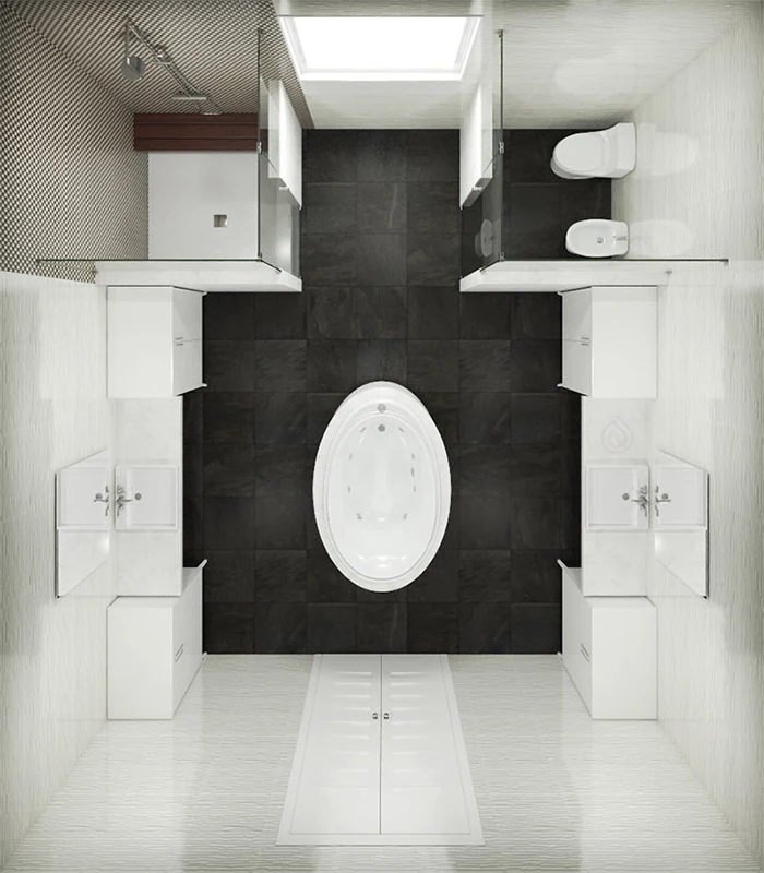 Large Bathroom Layout with Bath in the Center and Shower Enclosure