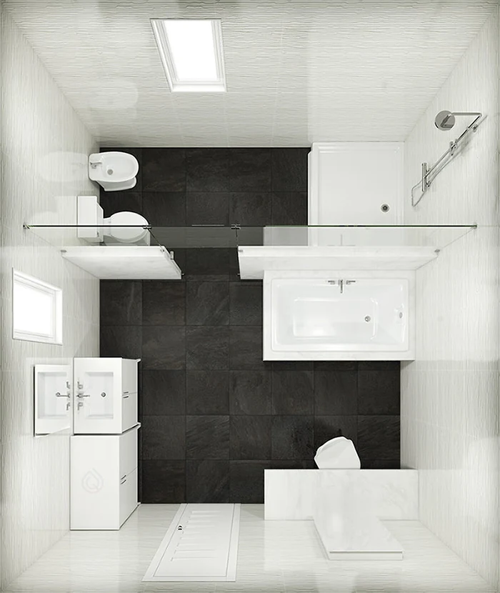 Large Bathroom Layout with Vanity Unit, Bath, Shower Enclosure and more.