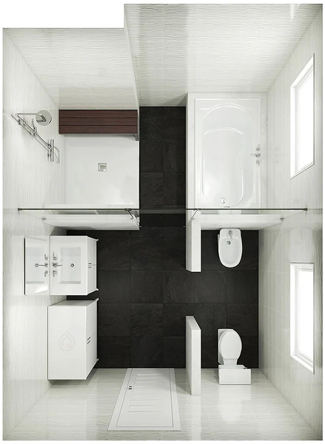 Extra Large Bathroom Layout with Shower Enclosure, Bath, Large Vanity unit and bathroom storage unit.