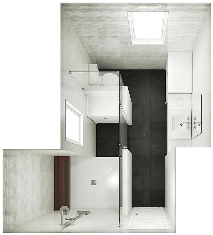 Standard Bathroom size with Shower Enclosure, Bathroom Storage Unit, Vanity and Toilet