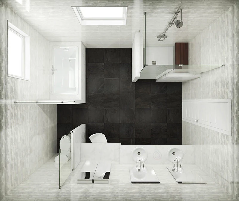 Large Bathroom Layout with Bathtub, Shower Enclosure, Two Bathroom Sink and Toilet