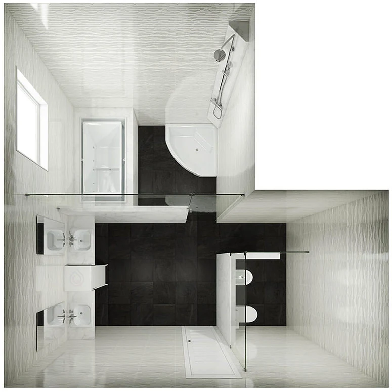 L Shape Bathroom Layout with Bath and Corner Shower Cubicles