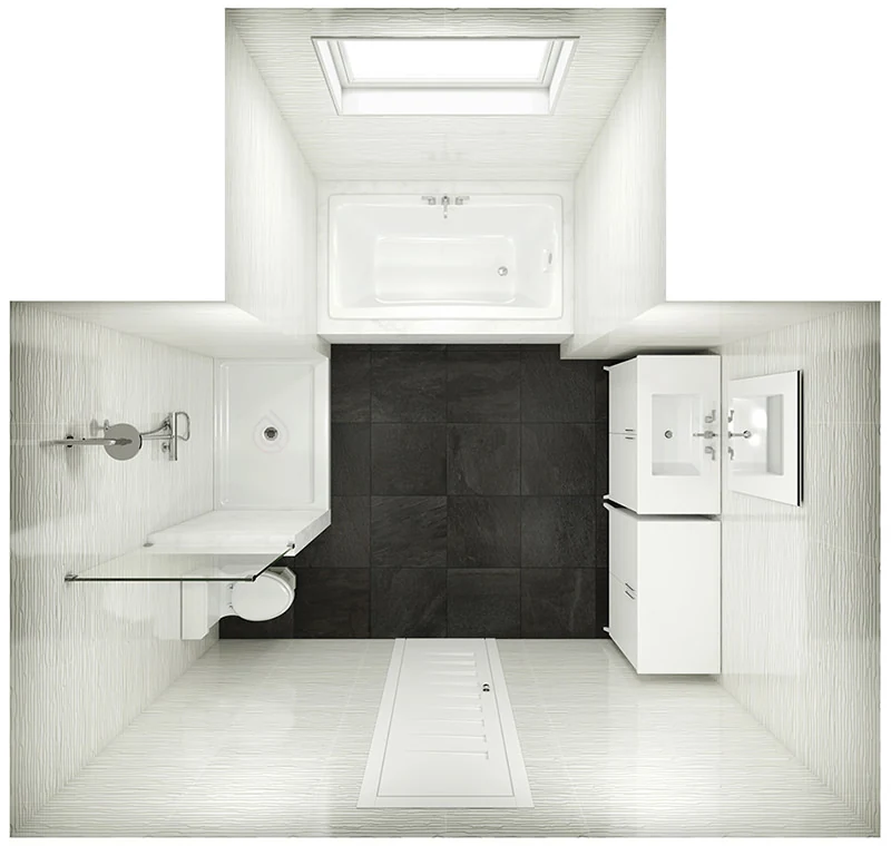 T Shape Bathroom Layout with Bath, Walk in Shower, Bathroom Vanity, Toilet and Storage Unit